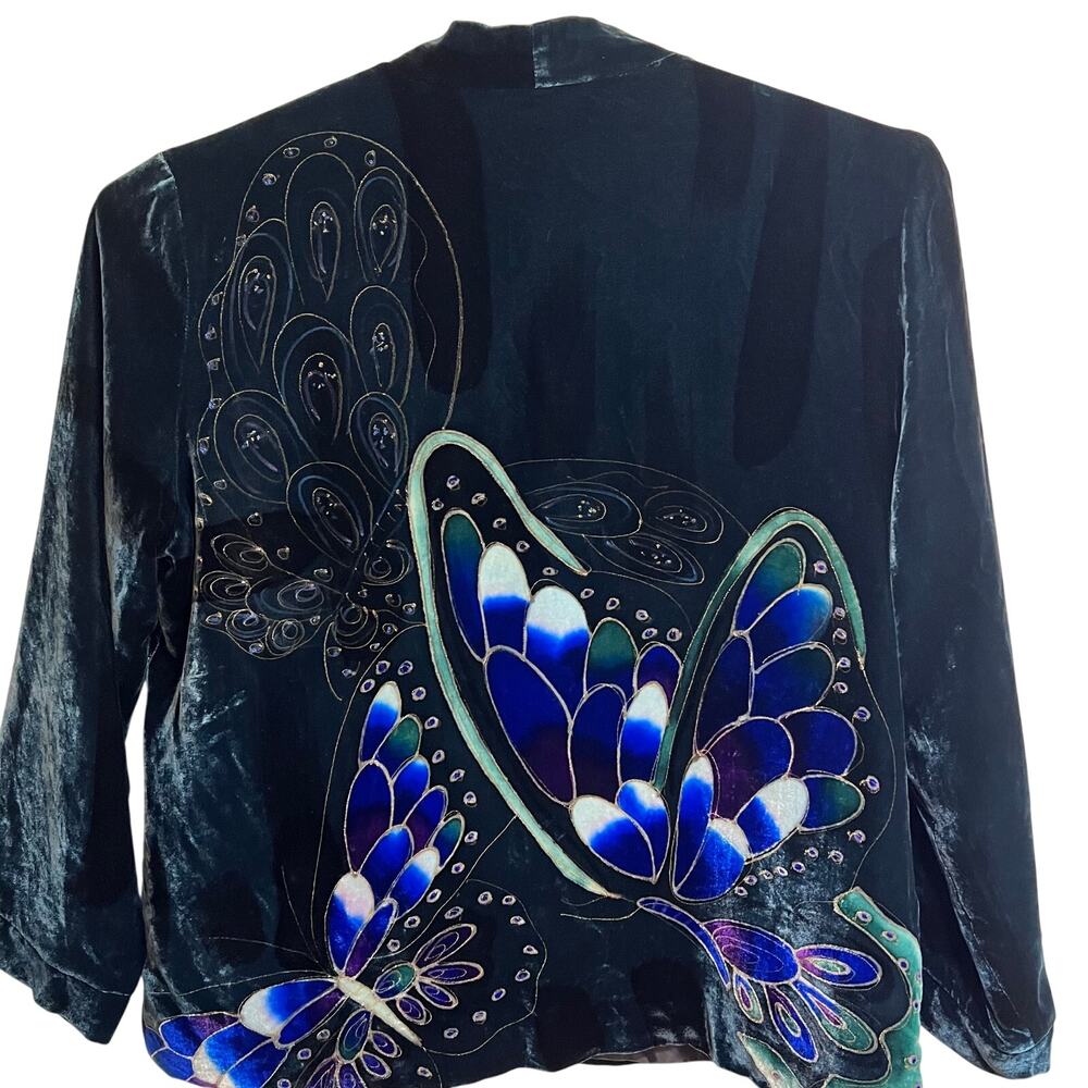 Vintage Chico’s Silk Velvet Butterfly Jacket Teal Art to Wear Embroidered XL